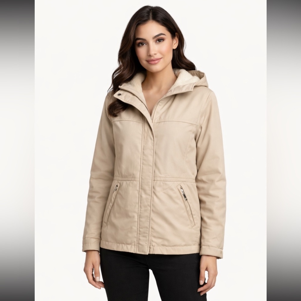 Bass Beige Hooded Utility Jacket Removable Hood Zip Snap Front Size S